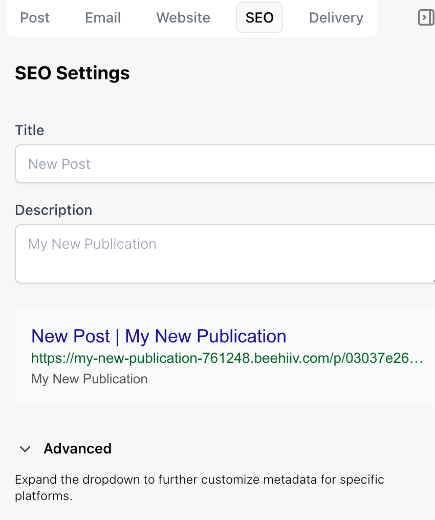 Beehiiv's SEO settings